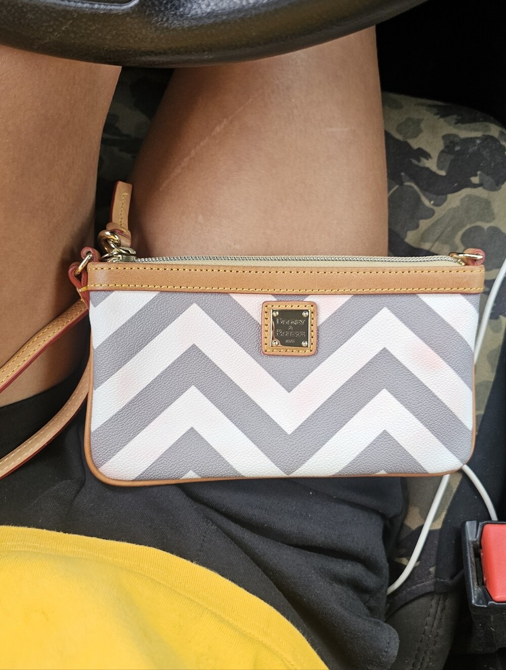 Dooney & Bourke Gray Chevron Wristlet with Tan Trim